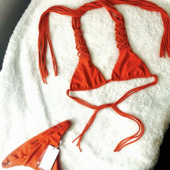 MIKOH Waipahu Triangle Multi String Bikini Swim Top Red Small NWOT - Picture 2 of 12